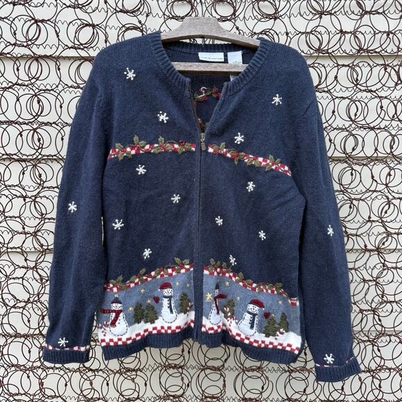 VTG 90s Croft & Barrow Blue Christmas Snowmen Farm Rustic Cabincore Cardigan LG - Picture 1 of 8